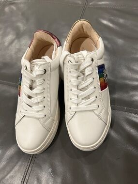Kurt Geiger White Sneakers with Rainbow Eye Stripe and Metallic Heels